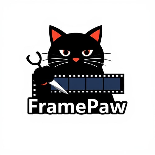 AI Design for A minimalist and modern logo for a YouTube channel named "FramePaw". The logo should feature a black cat with its paw holding a pair of scissors. The scissors are cutting a filmstrip with multiple film frames. The style should be clean, with a simple color palette focused on black, white, and a pop of a single accent color like red or dark blue. The name "FramePaw" should be integrated into the design in a sleek, modern font. The background should be transparent