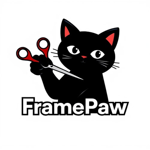 AI Design for Pictorial logo for a YouTube channel named "FramePaw": A black cat with its paw holding scissors cutting a filmstrip, clean, black, white, and a single accent color (red or dark blue), sleek modern font for "FramePaw" integrated into the design, minimalist graphic illustration, vector art with sharp lines and clear shapes, transparent background.