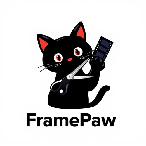 AI Design for Pictorial logo for a YouTube channel named "FramePaw": A black cat with its paw holding scissors cutting a filmstrip, clean, black, white, and a single accent color (red or dark blue), sleek modern font for "FramePaw" integrated into the design, minimalist graphic illustration, vector art with sharp lines and clear shapes, transparent background.