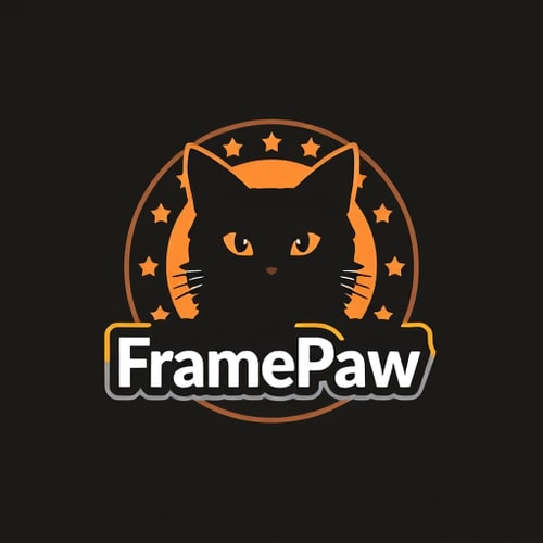 AI Design for Design a logo for the "FramePaw" YouTube channel. It should feature a black cat and a videotape reel