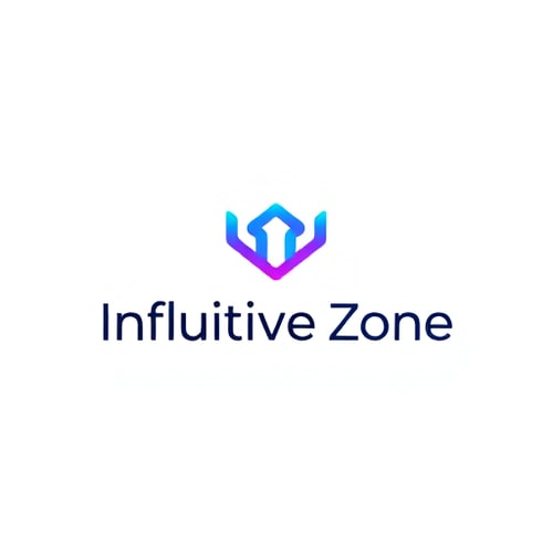 AI Design for Minimalist logo for a tech company specializing in community and engagement platform named "Influitive Zone": Abstract geometric shape representing connection and growth, a vibrant gradient of blues and purples, clean and modern sans-serif font. Design with a sleek and futuristic influence, sharp lines and subtle gradients to convey innovation, and a transparent background.