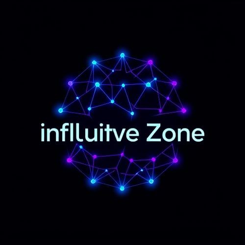 AI Design for Minimalist for a community platform for tech enthusiasts named "Influitive Zone": Abstract interconnected nodes forming a dynamic network, vibrant gradient of electric blue and purple, modern sans-serif font with clean lines. Design an abstract, geometric representation of connection and knowledge sharing, incorporating subtle glowing effects and a dark, futuristic background.