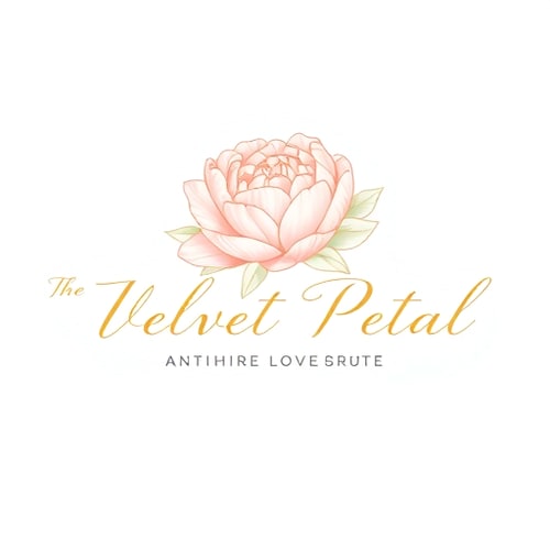 AI Design for Pictorial for a chic ladies boutique named "The Velvet Petal": A delicate floral illustration of a peony or rose, a soft blush and muted gold color palette, an elegant script font. Design with an Art Nouveau influence and a sophisticated, feminine style direction, with fine linework and subtle shading, on a clean white background.