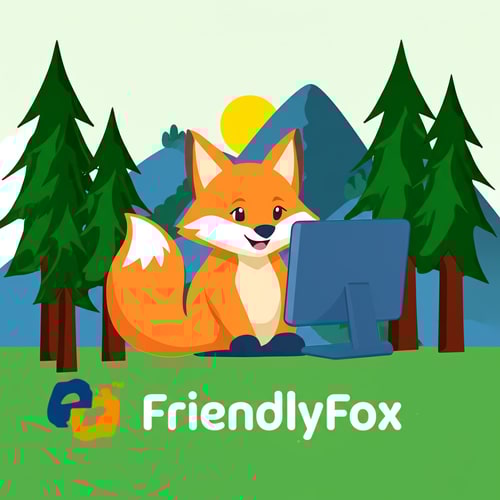 AI Design for Create a background with forest and mountains. Add the wordmark FriendlyFox.