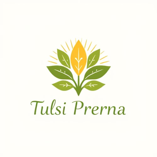 AI Design for Pictorial logo for a spiritual and community-focused society app named "Tulsi Prerna": A stylized Tulsi plant with gentle, radiating light or subtle geometric patterns incorporated into its leaves, symbolizing spiritual growth and connection. A serene, earthy color palette of deep greens, soft golds, and warm, muted ochres. Elegant, sans-serif typography with a slightly rounded, welcoming feel, conveying tradition and modernity. Inspired by Indian folk art and contemporary minimalism, focusing on organic curves and clean lines, with intricate details within the plant element that can be simplified for smaller applications. The radiating light should be subtle, not overpowering, and the geometric patterns, if used, should be harmonious and not distracting. A light, gradient background that evokes a sunrise or dawn.