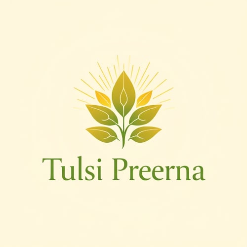 AI Design for Pictorial logo for a spiritual and community-focused society app named "Tulsi Prerna": A stylized Tulsi plant with gentle, radiating light or subtle geometric patterns incorporated into its leaves, symbolizing spiritual growth and connection. A serene, earthy color palette of deep greens, soft golds, and warm, muted ochres. Elegant, sans-serif typography with a slightly rounded, welcoming feel, conveying tradition and modernity. Inspired by Indian folk art and contemporary minimalism, focusing on organic curves and clean lines, with intricate details within the plant element that can be simplified for smaller applications. The radiating light should be subtle, not overpowering, and the geometric patterns, if used, should be harmonious and not distracting. A light, gradient background that evokes a sunrise or dawn.