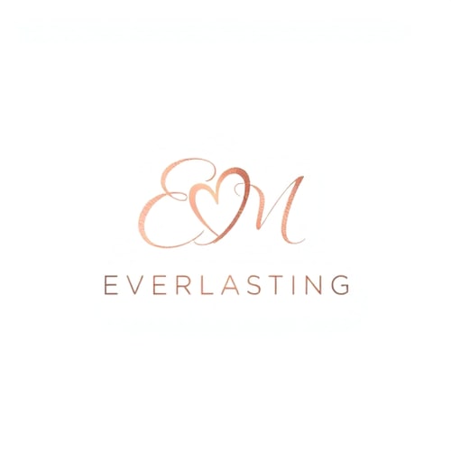 AI Design for Minimalist photography logo for a wedding and portrait studio named "Everlasting Memories": A delicate, overlapping cursive "E" and "M" forming a subtle heart shape, Color palette: Soft blush pink, rose gold, and a touch of ivory, Typography or stylistic treatment: Elegant and flowing script for the initials, with a clean, sans-serif font for the full name. Design inspired by vintage romance and modern sophistication, with a focus on fine art aesthetics, visual execution details: Subtle watercolor texture within the letters, a gentle gradient for the rose gold, and background type: Clean white or a very pale blush gradient.