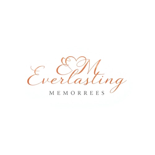 AI Design for Minimalist photography logo for a wedding and portrait studio named "Everlasting Memories": A delicate, overlapping cursive "E" and "M" forming a subtle heart shape, Color palette: Soft blush pink, rose gold, and a touch of ivory, Typography or stylistic treatment: Elegant and flowing script for the initials, with a clean, sans-serif font for the full name. Design inspired by vintage romance and modern sophistication, with a focus on fine art aesthetics, visual execution details: Subtle watercolor texture within the letters, a gentle gradient for the rose gold, and background type: Clean white or a very pale blush gradient.