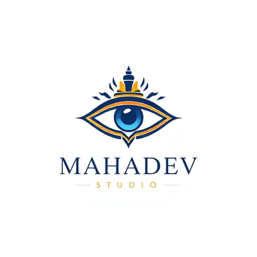 AI Design for Minimalist for a photography studio named "Mahadev Studio": Abstract representation of Shiva's third eye with subtle temple architectural elements, a sophisticated blend of deep indigo, saffron, and gold, clean sans-serif typography. Design with an Indian artistic influence and a modern, spiritual style direction, intricate line work and subtle gradients for a sense of depth, and a plain white background.