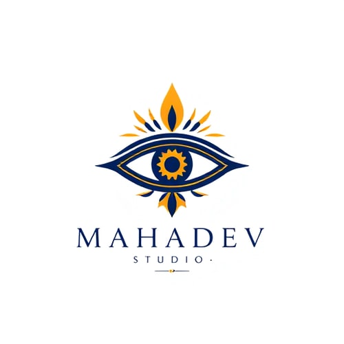 AI Design for Minimalist for a photography studio named "Mahadev Studio": Abstract representation of Shiva's third eye with subtle temple architectural elements, a sophisticated blend of deep indigo, saffron, and gold, clean sans-serif typography. Design with an Indian artistic influence and a modern, spiritual style direction, intricate line work and subtle gradients for a sense of depth, and a plain white background.