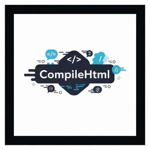 AI Design for "Design a modern, tech-inspired logo for CompileHtml—an online HTML, CSS, JS editor and compiler. The logo should blend symbols of code with a sleek, creative aesthetic. Use bold, energetic colors and include graphical hints of speed, creativity, and web development. The logo must feature the name 'CompileHtml' in a clear, readable font and convey efficiency and innovation."
