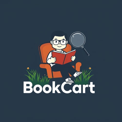 AI Design for i wnat to design a logo.Like, a small foot-man like wearing glasses sitting in chair and reading book.and add text 'BookCart – simple, shopping-friendly' with around a magnifying glass and with a grass flowers