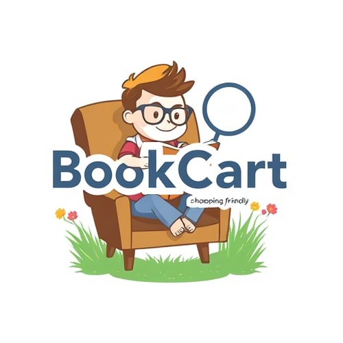AI Design for i wnat to design a logo.Like, a small foot-man like wearing glasses sitting in chair and reading book.and add text 'BookCart – simple, shopping-friendly' with around a magnifying glass and with a grass flowers