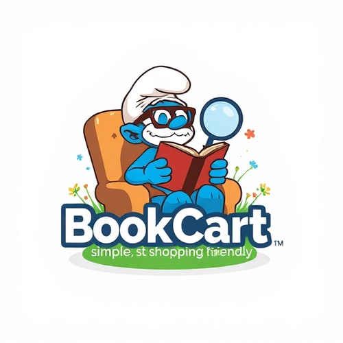 AI Design for i wnat to design a logo.Like, a small foot-man looks like a smurf wearing glasses sitting in chair and reading book.and add text 'BookCart – simple, shopping-friendly' with around a magnifying glass and with a grass flowers