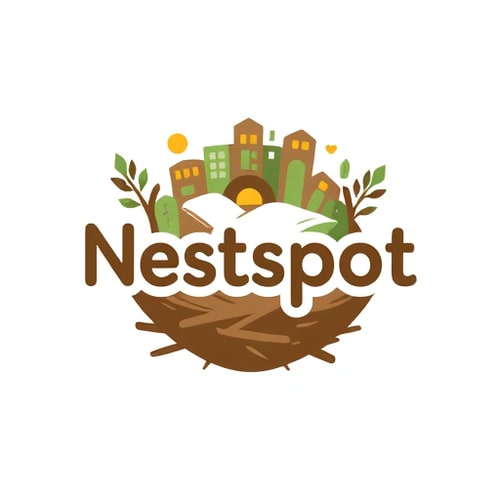 AI Design for Letterform for a hostel website named "Nestspot": A stylized nest integrated into the text, signifying a cozy and welcoming accommodation, warm earthy tones of browns, greens, and a touch of sunrise orange, modern sans-serif with rounded edges. Design with a friendly and approachable influence, incorporating subtle feather or twig textures within the nest elements, flat design with slight gradients, white background. A sleeping bed with "Nestspot" written on it as part of the nest's embrace. and make background buildings
