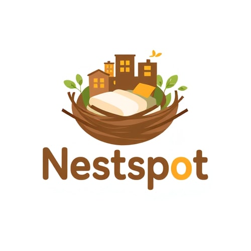 AI Design for Letterform for a hostel website named "Nestspot": A stylized nest integrated into the text, signifying a cozy and welcoming accommodation, warm earthy tones of browns, greens, and a touch of sunrise orange, modern sans-serif with rounded edges. Design with a friendly and approachable influence, incorporating subtle feather or twig textures within the nest elements, flat design with slight gradients, white background. A sleeping bed with "Nestspot" written on it as part of the nest's embrace. and make background buildings