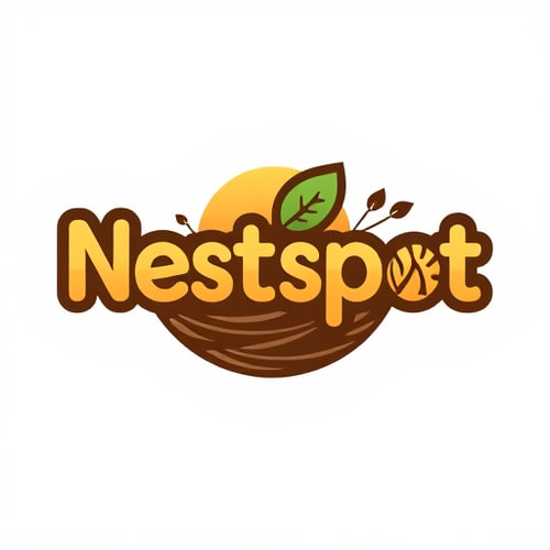 AI Design for Letterform for a hostel website named "Nestspot": A stylized nest integrated into the text, signifying a cozy and welcoming accommodation, warm earthy tones of browns, greens, and a touch of sunrise orange, modern sans-serif with rounded edges. Design with a friendly and approachable influence, incorporating subtle feather or twig textures within the nest elements, flat design with slight gradients, white background. make a sleeping bed put "Nestspot" on the bed.