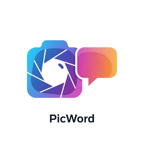 AI Design for A modern, minimalist logo icon for a brand named "PicWord". The design should cleverly fuse a visual element (like a camera shutter, a photo frame, or a landscape icon) with a textual element (like a speech bubble, a pen nib, or an open book). The concept is "words transforming into pictures." Use a vibrant, gradient color palette (e.g., blues, purples, and warm oranges) to represent creativity and the bilingual nature of the platform. The style should be clean, friendly, and digital, suitable for a website header and app icon on a white background.