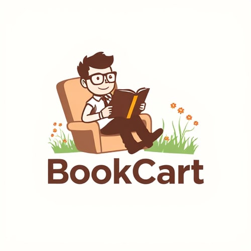 AI Design for i wnat to design a logo.Like, a small foot-man like wearing glasses sitting in chair and reading book.and add text 'BookCart ' with around a and with a grass flowers