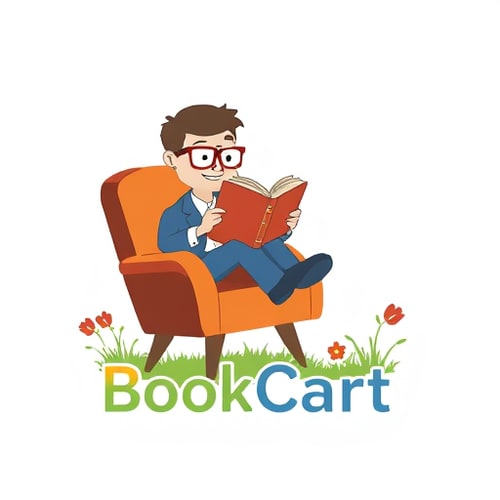 AI Design for i wnat to design a logo.Like, a small foot-man like wearing glasses sitting in chair and reading book.and add text 'BookCart ' with around a and with a grass flowers