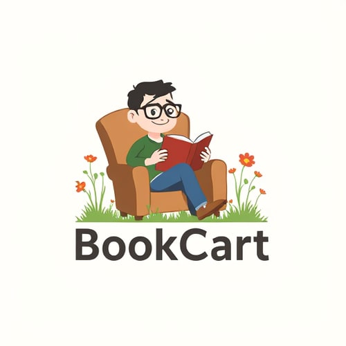 AI Design for i wnat to design a logo.Like, a small foot-man like wearing glasses sitting in chair and reading book.and add text 'BookCart ' with around a and with a grass flowers