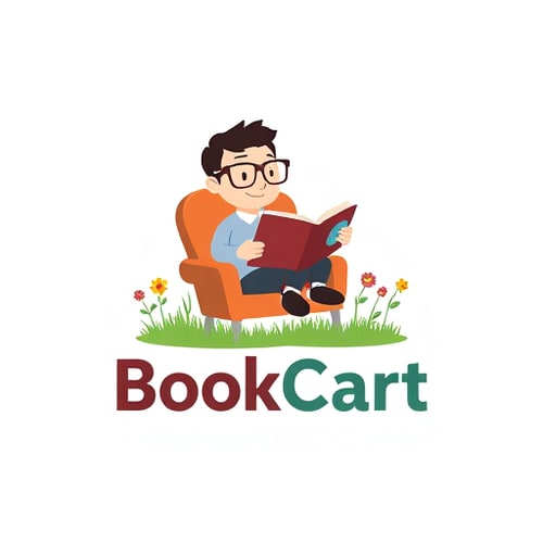 AI Design for i wnat to design a logo.Like, a small foot-man like wearing glasses sitting in chair and reading book.and add text 'BookCart ' with around a and with a grass flowers 