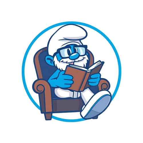 AI Design for i wnat to design a logo.Like, a small foot-man looks like a smurf wearing glasses sitting in chair and reading book.