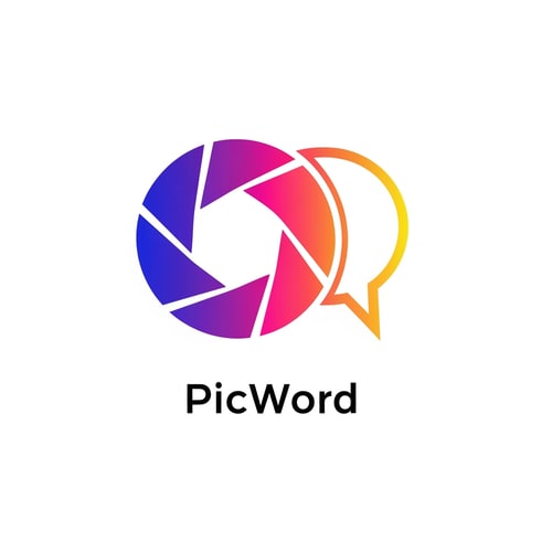 AI Design for A modern, minimalist logo icon for a brand named "PicWord". The design should cleverly fuse a visual element (like a camera shutter, a photo frame, or a landscape icon) with a textual element (like a speech bubble, a pen nib, or an open book). The concept is "words transforming into pictures." Use a vibrant, gradient color palette (e.g., blues, purples, and warm oranges) to represent creativity and the bilingual nature of the platform. The style should be clean, friendly, and digital, suitable for a website header and app icon on a white background.