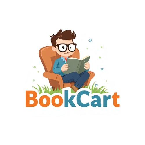 AI Design for i wnat to design a logo.Like, a small foot-man like wearing glasses sitting in chair and reading book.and add text 'BookCart ' the text should be animated with around a and with a grass flowers with a winter snow flakes