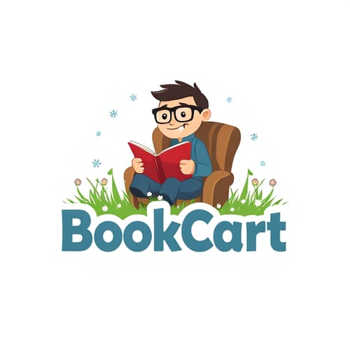 AI Design for i wnat to design a logo.Like, a small foot-man like wearing glasses sitting in chair and reading book.and add text 'BookCart ' the text should be animated with around a and with a grass flowers with a winter snow flakes
