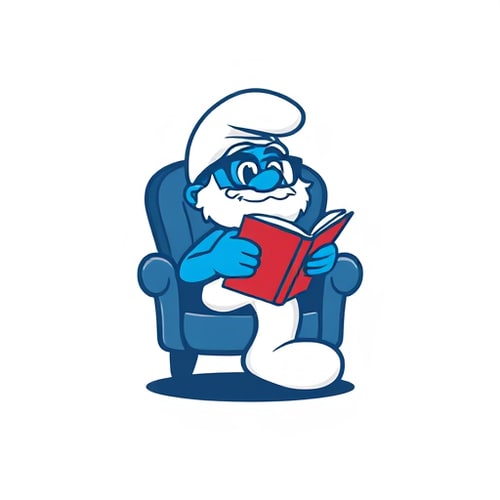 AI Design for i wnat to design a logo.Like, a small foot-man looks like a smurf wearing glasses sitting in chair and reading book.