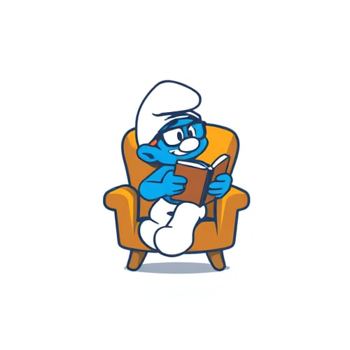 AI Design for i wnat to design a logo.Like, a small foot-man looks like a smurf wearing glasses sitting in chair and reading book.