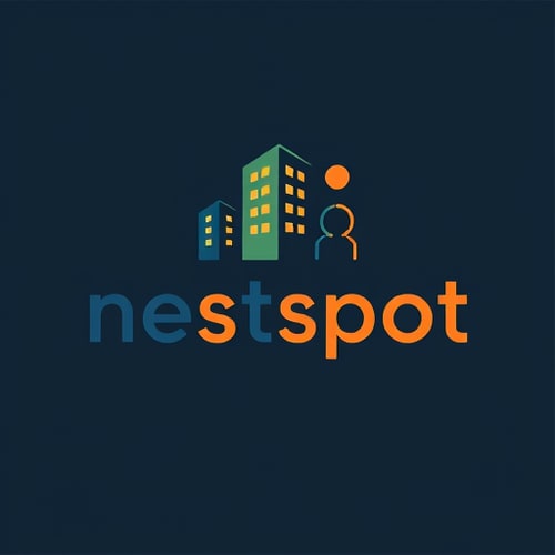 AI Design for i want a logo "nestspot" use location icon or humans staying in building