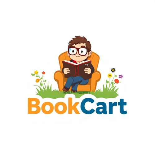 AI Design for i wnat to design a logo.Like, a small foot-man like wearing glasses sitting in chair and reading book.and add text 'BookCart ' the text should be animated with around a and with a grass flowers 