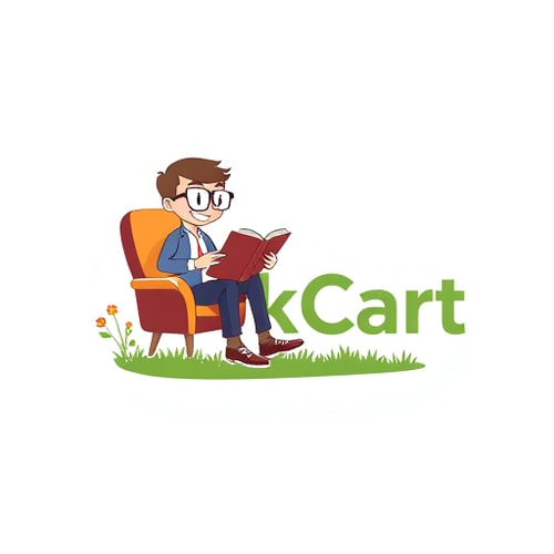 AI Design for i wnat to design a logo.Like, a small foot-man like wearing glasses sitting in chair and reading book.and add text 'BookCart ' the text should be animated with around a and with a grass flowers 