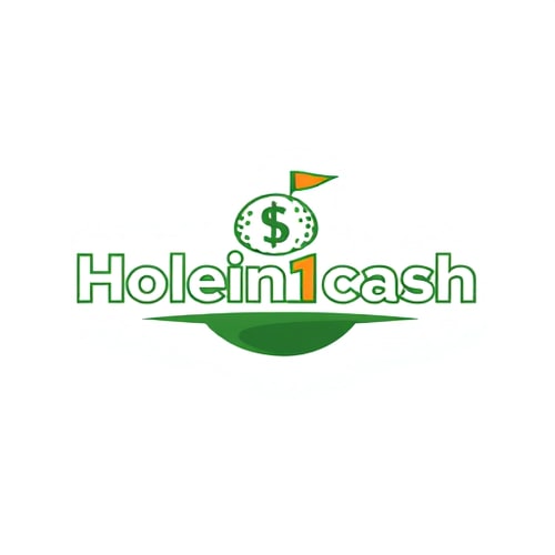 AI Design for Design a unique, modern, line-based logo for Holein1cash, a business that pays golfers for hole-in-ones. Avoid generic symbols — creatively integrate golf and money, such as a golf ball with a subtle dollar sign in its dimples or a golf hole with a flag transforming into a dollar bill. Use greens, whites, and golds with clean, modern sans-serif typography. Keep the design minimal, professional, and visually striking, using mostly lines and simple shapes, with subtle shadows or depth for interest. Ensure it is readable and memorable but creative.
