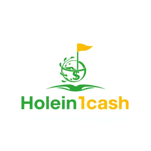 AI Design for Design a unique, modern, line-based logo for Holein1cash, a business that pays golfers for hole-in-ones. Avoid generic symbols — creatively integrate golf and money, such as a golf ball with a subtle dollar sign in its dimples or a golf hole with a flag transforming into a dollar bill. Use greens, whites, and golds with clean, modern sans-serif typography. Keep the design minimal, professional, and visually striking, using mostly lines and simple shapes, with subtle shadows or depth for interest. Ensure it is readable and memorable but creative.