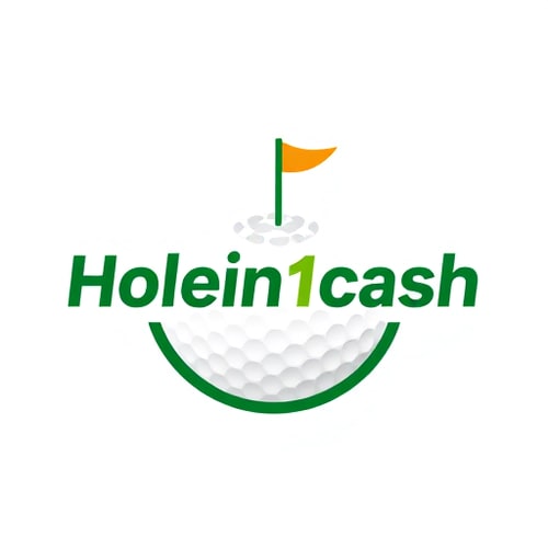 AI Design for Create a unique, modern logo for Holein1cash, a business that pays golfers for hole-in-ones. Avoid generic symbols — instead, integrate golf and money in a creative way, such as a golf ball with a subtle dollar sign in its dimples or a golf hole with a flag transforming into a dollar bill. Use greens, whites, and golds with clean, modern sans-serif typography. Keep the design minimal, professional, and visually striking, with subtle shadows or depth for interest. Ensure it is readable and memorable on web and mobile, with a white background.