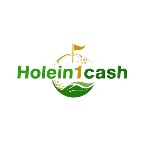AI Design for Design a modern, clean logo for a business called Holein1cash that pays golfers for hole-in-ones. Incorporate golf and money themes, such as a golf ball with a subtle dollar sign in its dimples, or a golf hole with a flag that transitions into a dollar bill. Use greens, whites, and golds with clean, modern sans-serif typography. Keep the design minimal, professional, and eye-catching, with subtle shadows or depth for visual interest. Ensure clear readability for both web and mobile, and use a white background.