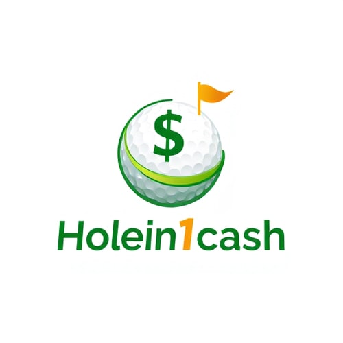 AI Design for Modern logo for a business that pays golfers for hole-in-ones named "Holein1cash": A golf ball with a dollar sign subtly integrated into its dimples or a golf hole with a flag transitioning into a dollar bill, Greens, whites, and golds, Clean, modern sans-serif typography. Design with a modern, professional, and eye-catching style, incorporating both golf and money elements with minimal complexity, subtle shadows or depth for visual interest, and clear readability for web and mobile use, White background.