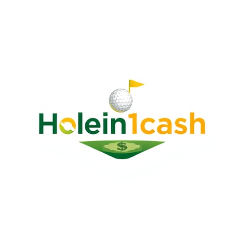AI Design for Design a modern, clean logo for a business called Holein1cash that pays golfers for hole-in-ones. Incorporate golf and money themes, such as a golf ball with a subtle dollar sign in its dimples, or a golf hole with a flag that transitions into a dollar bill. Use greens, whites, and golds with clean, modern sans-serif typography. Keep the design minimal, professional, and eye-catching, with subtle shadows or depth for visual interest. Ensure clear readability for both web and mobile, and use a white background.