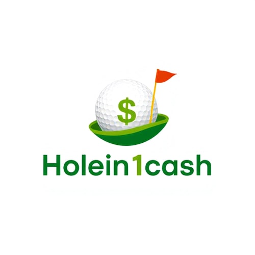 AI Design for Pictorial logo for a business that pays golfers for hole-in-ones named "Holein1cash": A golf ball with a dollar sign subtly integrated into its dimples or a golf hole with a flag transitioning into a dollar bill, Pictorial logo for a business that pays golfers for hole-in-ones named "Holein1cash": A golf ball with a dollar sign subtly integrated into its dimples or a golf hole with a flag transitioning into a dollar bill, Greens, whites, and golds, Clean, modern sans-serif typography for the business name, Modern, professional, and eye-catching design, incorporating both golf and money elements with minimal complexity, subtle shadows or depth for visual interest, and clear readability for web and mobile use, White background
