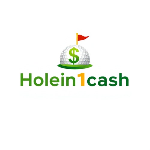 AI Design for Pictorial logo for a business that pays golfers for hole-in-ones named "Holein1cash": A golf ball with a dollar sign subtly integrated into its dimples or a golf hole with a flag transitioning into a dollar bill, Pictorial logo for a business that pays golfers for hole-in-ones named "Holein1cash": A golf ball with a dollar sign subtly integrated into its dimples or a golf hole with a flag transitioning into a dollar bill, Greens, whites, and golds, Clean, modern sans-serif typography for the business name, Modern, professional, and eye-catching design, incorporating both golf and money elements with minimal complexity, subtle shadows or depth for visual interest, and clear readability for web and mobile use, White background