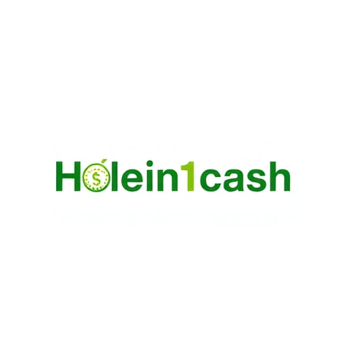 AI Design for Design a unique, modern, line-based logo for Holein1cash, a business that pays golfers for hole-in-ones. Avoid generic symbols — creatively integrate golf and money, such as a golf ball with a subtle dollar sign in its dimples or a golf hole with a flag transforming into a dollar bill. Use greens, whites, and golds with clean, modern sans-serif typography. Keep the design minimal, professional, and visually striking, using mostly lines and simple shapes, with subtle shadows or depth for interest. Ensure it is readable and memorable on web and mobile, with a white background.
