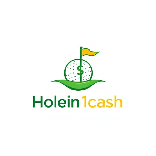 AI Design for Design a unique, modern, line-based logo for Holein1cash, a business that pays golfers for hole-in-ones. Avoid generic symbols — creatively integrate golf and money, such as a golf ball with a subtle dollar sign in its dimples or a golf hole with a flag transforming into a dollar bill. Use greens, whites, and golds with clean, modern sans-serif typography. Keep the design minimal, professional, and visually striking, using mostly lines and simple shapes, with subtle shadows or depth for interest. Ensure it is readable and memorable on web and mobile, with a white background.