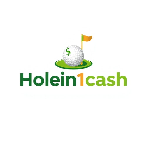 AI Design for Create a unique, modern logo for Holein1cash, a business that pays golfers for hole-in-ones. Avoid generic symbols — instead, integrate golf and money in a creative way, such as a golf ball with a subtle dollar sign in its dimples or a golf hole with a flag transforming into a dollar bill. Use greens, whites, and golds with clean, modern sans-serif typography. Keep the design minimal, professional, and visually striking, with subtle shadows or depth for interest. Ensure it is readable and memorable on web and mobile, with a white background.