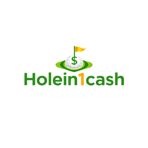 AI Design for Create a unique, modern logo for Holein1cash, a business that pays golfers for hole-in-ones. Avoid generic symbols — instead, integrate golf and money in a creative way, such as a golf ball with a subtle dollar sign in its dimples or a golf hole with a flag transforming into a dollar bill. Use greens, whites, and golds with clean, modern sans-serif typography. Keep the design minimal, professional, and visually striking, with subtle shadows or depth for interest. Ensure it is readable and memorable on web and mobile, with a white background.