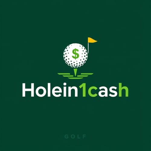 AI Design for Design a unique, modern, line-based logo for Holein1cash, a business that pays golfers for hole-in-ones. Avoid generic symbols — creatively integrate golf and money, such as a golf ball with a subtle dollar sign in its dimples or a golf hole with a flag transforming into a dollar bill. Use greens, whites, and golds with clean, modern sans-serif typography. Keep the design minimal, professional, and visually striking, using mostly lines and simple shapes, with subtle shadows or depth for interest. Ensure it is readable and memorable but creative.
