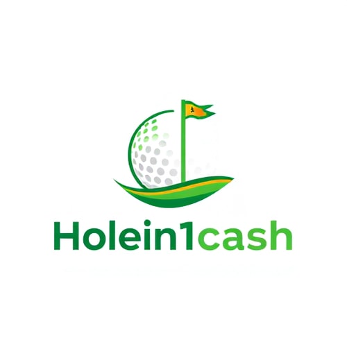 AI Design for Design a unique, modern, line-based logo for Holein1cash, a business that pays golfers for hole-in-ones. Avoid generic symbols — creatively integrate golf and money, such as a golf ball with a subtle dollar sign in its dimples or a golf hole with a flag transforming into a dollar bill. Use greens, whites, and golds with clean, modern sans-serif typography. Keep the design minimal, professional, and visually striking, using mostly lines and simple shapes, with subtle shadows or depth for interest. Ensure it is readable and memorable on web and mobile, with a white background.