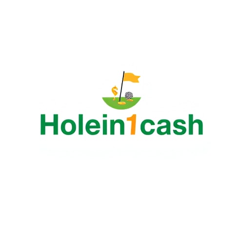 AI Design for Create a clean and simple logo for a business called Holein1cash, which pays golfers when they hit a hole-in-one. Combine golf and money themes — such as golf balls, flags, holes, or clubs with cash, coins, or dollar signs. Make it modern, professional, and eye-catching, suitable for website and mobile. Use greens, whites, and golds, and clearly include the business name. Keep the design minimal and easy to understand, with optional subtle shadows or depth for style.